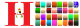 A red stylized letter H with a small multicolor geometric emblem inside, next to a grid of many small color swatches on a plain white background.