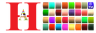 A red stylized letter H with a small multicolor geometric emblem inside, next to a grid of many small color swatches on a plain white background.